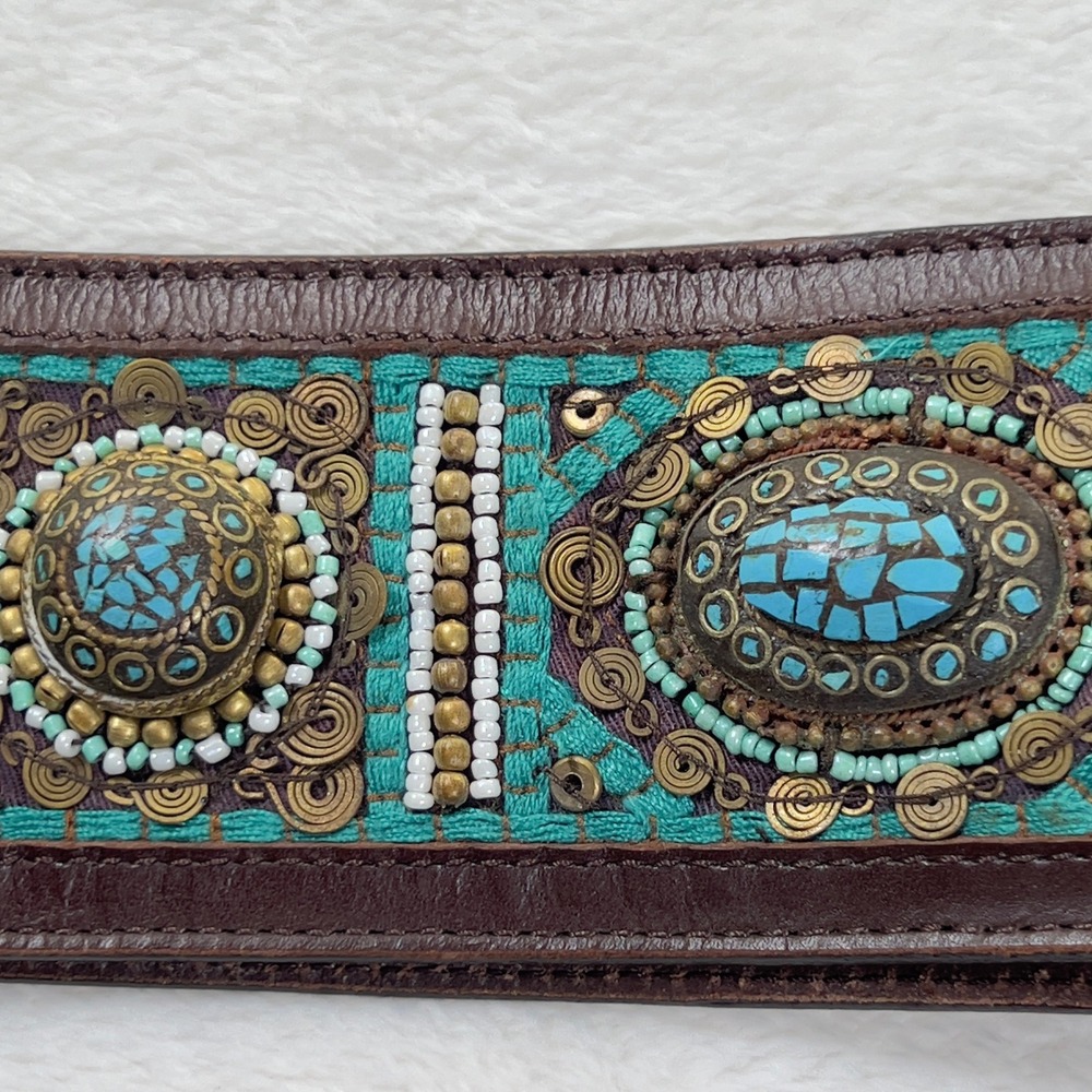 Chicos Turquoise Beaded Thick Leather Belt Womens Sz L Brown Boho Medallion - Picture 4 of 10
